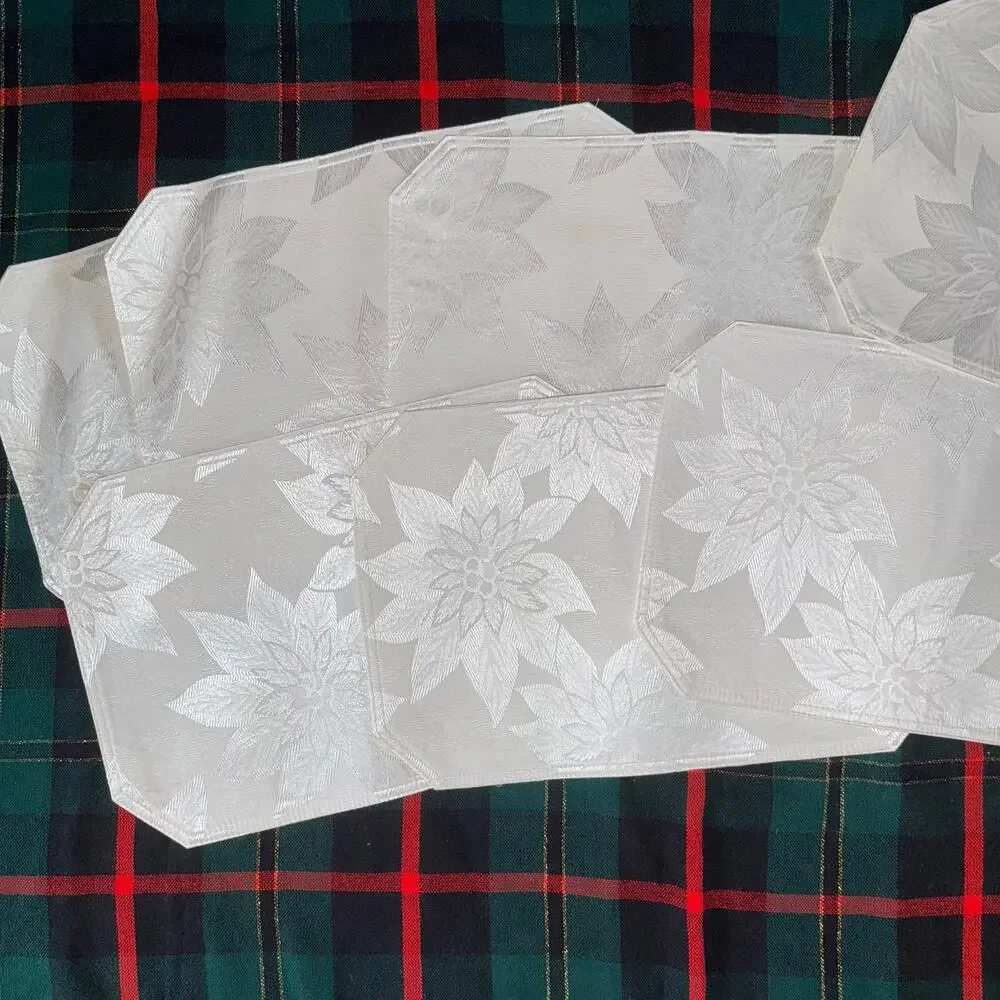Set‎ of 7 White Woven Poinsettia Pattern Placemats with Cut Corners